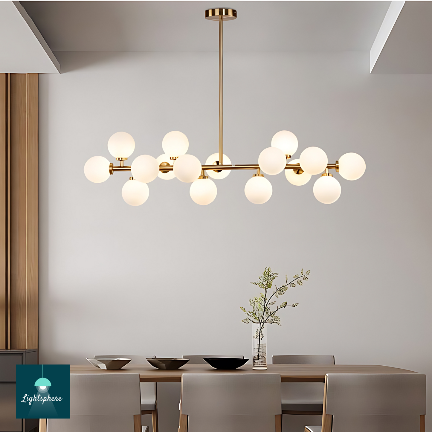 Luxurious dining room chandelier featuring white glass globes