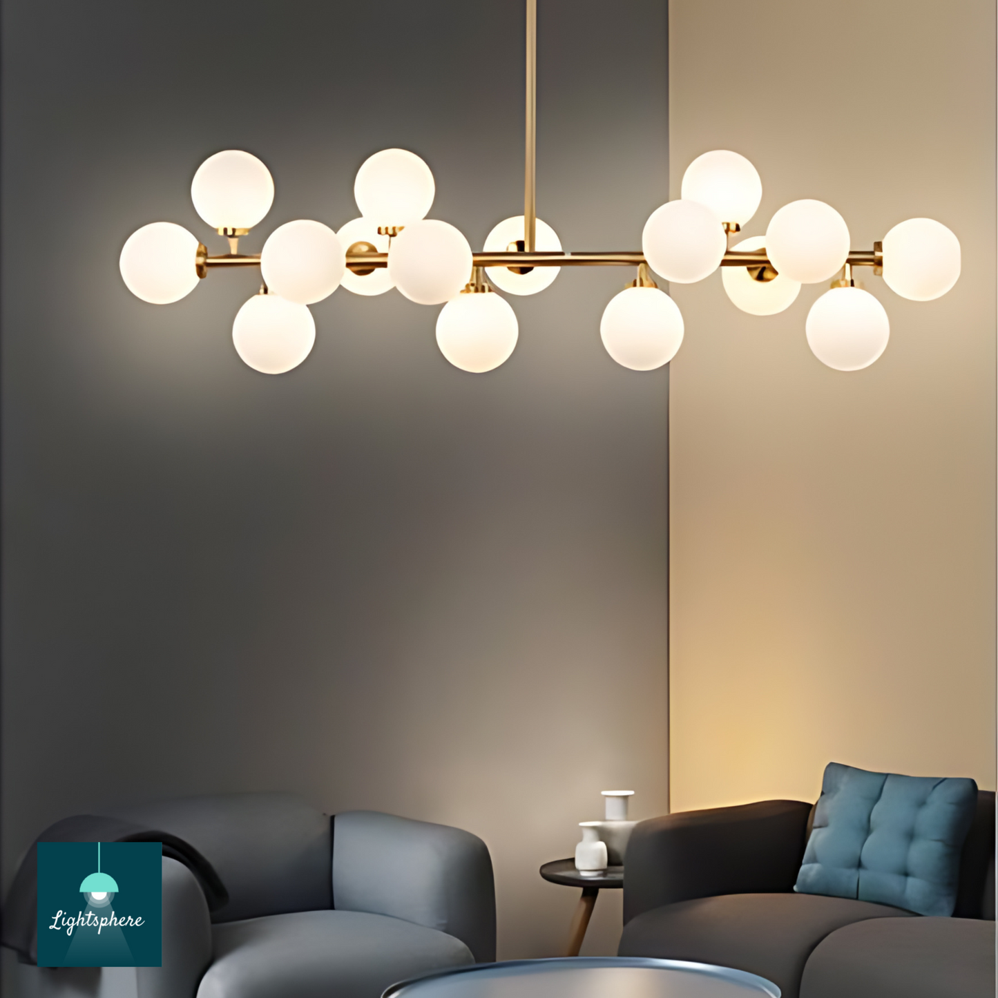 Contemporary dining room chandelier in brass with frosted globes